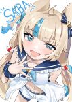  1girl absurdres ahoge animal_ears blue_bow blue_eyes blue_hair blue_scrunchie bow cat_ears character_name dress fang fins fish_girl fish_tail hair_bow highres indie_virtual_youtuber lifebuoy_hair_ornament long_hair low_twintails one_side_up ronanandresgavi sameko_saba sameko_saba_(fish) scrunchie short_shorts shorts skin_fang sleeveless sleeveless_dress solo tail twintails very_long_hair virtual_youtuber white_dress white_shorts 
