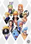  2girls 6+boys antlers arm_tattoo bag bandana_around_arm black_hair blonde_hair blue_hair blue_shirt brook_(one_piece) cross crown curly_eyebrows eyewear_on_head facial_hair franky_(one_piece) goatee green_hair green_kimono hair_slicked_back hashtag-only_commentary hat highres hood horns japanese_clothes jinbe_(one_piece) kimono long_nose monkey_d._luffy multiple_boys multiple_girls nami_(one_piece) nico_robin one_eye_closed one_piece open_mouth orange_hair pompadour ponytail reindeer_antlers roronoa_zoro sanji_(one_piece) scar scar_across_eye scar_on_face sergiromero shirt shoulder_bag sidelocks skeleton smile straw_hat straw_hat_pirates tattoo tony_tony_chopper usopp v 