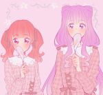  2girls aisaki_emiru blunt_bangs blush bow brown_bow brown_dress collared_dress cone_hair_bun covered_mouth cowboy_shot cross-laced_clothes cross-laced_dress dot_nose double_bun dress eyelashes floral_background flower frilled_dress frilled_sleeves frills grey_bow hair_bow hair_bun height_difference holding holding_flower hugtto!_precure long_hair long_sleeves looking_at_another low_twintails medium_hair multiple_girls nachuchoco orange_hair pink_background plaid_clothes plaid_dress precure puffy_long_sleeves puffy_sleeves purple_eyes purple_hair red_eyes ruru_amour sidelocks tareme twintails very_long_hair waist_bow wavy_hair white_flower 