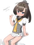  1girl absurdres aged_down ahoge akizuki_(kancolle) black_hair black_headband black_sailor_collar clothes_writing corset dated feet_out_of_frame flat_chest grey_eyes hair_ornament headband highres kantai_collection long_hair looking_at_viewer maru_(marg0613) neckerchief one-hour_drawing_challenge open_mouth orange_neckerchief ponytail propeller_hair_ornament puffy_short_sleeves puffy_sleeves sailor_collar school_uniform serafuku short_sleeves simple_background sitting skirt solo twitter_username white_background white_skirt 