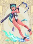  1girl anklet aqua_hair barefoot blue_jacket bracelet braid braided_ponytail breasts charm_(object) club_(weapon) colored_skin dairoku_ryouhei fire full_body green_eyes highres jacket jewelry kanabou long_hair momozono_mitsu morisawa_tomohiro one-piece_swimsuit pointy_ears red_skin sleeveless sleeveless_jacket small_breasts solo spiked_anklet spiked_bracelet spikes swimsuit weapon 