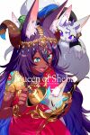  1girl animal_ears aqua_eyes blush breasts character_name curled_horns dark-skinned_female dark_skin echo_(circa) fate/grand_order fate_(series) horns jackal_ears large_breasts long_hair open_mouth purple_hair queen_of_sheba_(fate) smile 