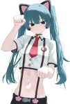  absurdres animal_ears badge bell blank_eyes blue_hair cat_ears clawed_hands hatsune_miku headphones highres kakoto long_hair looking_at_viewer midriff navel necktie shirt shorts simple_background twintails very_long_hair vocaloid white_shirt 