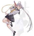  1girl ahoge ankle_socks blue_eyes collared_shirt flying grey_hair gun hair_bun handgun loafers long_hair looking_at_viewer midriff_peek naruto_maki_(naruto05) neckerchief original pleated_skirt school_uniform serafuku shirt shirt_overhang shoes skirt socks twintails very_long_hair weapon white_shirt white_socks yellow_neckerchief 
