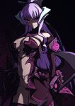 1girl absurdres aoi_tabane black_bow bow breasts cleavage corruption dark_persona date_a_live demon_girl demon_horns demon_tail demon_wings elbow_gloves evil_smile gloves glowing glowing_eyes grin hair_bow highres holding horns kouyoku_senki_exs-tia large_breasts lilistia long_hair looking_at_viewer low_wings navel pointy_ears ponytail pubic_tattoo purple_eyes purple_hair revealing_clothes ribbon rieszverne_suzette_paladill shaded_face smile solo stomach_tattoo tail tattoo thighhighs very_long_hair weapon wings yatogami_tenka 