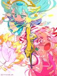  3girls arm_up atari_(atamawaki_waki) bare_legs bare_shoulders beads blonde_hair blue_eyes blue_hair blue_wrist_cuffs blush bright_pupils circlet clenched_hands closed_mouth clover_earrings commentary_request cone_hair_bun cropped_legs crying crying_with_eyes_open cure_ange cure_yell detached_sleeves determined double_bun dress floating_clothes floating_hair four-leaf_clover_earrings frilled_dress frilled_shirt frilled_wrist_cuffs frills full_body glowing hair_beads hair_bun hair_ornament hair_ribbon hairband heart heart_hair_ornament highres hood hood_down hooded_jacket hugtto!_precure jacket kagayaki_homare kneehighs knees leaning_forward long_hair long_sleeves looking_at_object looking_at_viewer magic magical_girl makeup mascara medium_dress miniskirt multiple_girls nono_hana open_mouth outstretched_arm pink_eyes pink_hair pink_shirt pink_sleeves pleated_skirt poster_(medium) precure puffy_short_sleeves puffy_sleeves punching reaching red_ribbon ribbon shirt shoes short_hair short_sleeves skirt sleeveless sleeveless_shirt sneakers socks tareme teardrop tears twitter_username upper_body very_long_hair white_background white_dress white_hairband white_pupils wing_hair_ornament worried wrist_cuffs yakushiji_saaya yellow_eyes yellow_jacket yellow_shoes yellow_skirt yellow_socks yellow_wrist_cuffs 