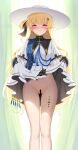  1girl bar_censor black_collar black_gloves blonde_hair breasts censored clothes_lift collar gloves hair_ornament hat highres large_breasts leg_tattoo lifting_own_clothes long_hair long_sleeves looking_at_viewer muq pantyhose phoebe_(wuthering_waves) purple_eyes shirt skirt skirt_lift solo tattoo white_hat white_pantyhose white_shirt white_skirt wuthering_waves x_hair_ornament 