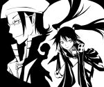  1boy 1girl armored_boots black_background black_boots black_hair black_jacket black_order_uniform black_skirt boots breasts brother_and_sister coat collared_coat cross d.gray-man emblem floating_hair front_zipper glasses greyscale hair_between_eyes hair_ornament hairclip hat jacket komui_lee lenalee_lee long_hair long_sleeves looking_at_another looking_to_the_side mature_male miniskirt monochrome redoramu short_hair siblings sidelocks single_sidelock skirt small_breasts smile striped_clothes striped_jacket thigh_strap thighs twintails two-tone_background white_background zipper 