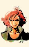  1girl closed_mouth concept_art flipped_hair highres jacket meryl_silverburgh metal_gear_(series) metal_gear_solid official_art portrait red_hair shinkawa_youji short_hair sideways_glance signature simple_background smile solo tank_top 