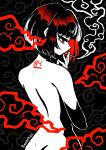  1girl absurdres artist_name ass black_hair bob_cut cigarette commentary completely_nude from_behind highres holding holding_cigarette median_furrow nude number_tattoo original profile red_eyes revachan smoke smoking solo symbol-only_commentary tagme tattoo 