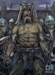  5boys armor beard belt belt_buckle blonde_hair blood blood_on_weapon brown_hair buckle chainmail christian_sloan_hall dual_wielding facial_hair grey_eyes grey_hair helmet highres holding holding_sword holding_weapon longship metal_armband mjolnir_pendant multiple_boys original pelt roman_numeral shield solo_focus sword tattoo topless_male viking warrior weapon wolf_pelt 