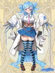  1girl blue_skirt blue_thighhighs brown_shoes coat dairoku_ryouhei double_bun eyepatch hair_bun highres knife lab_coat loafers long_hair looking_at_viewer necktie open_clothes open_coat paper pen pink_eyes pink_necktie pocket shirt shoes skindentation skirt sleeves_past_fingers sleeves_past_wrists slime_(substance) solo stain striped_clothes striped_thighhighs syringe thighhighs tyrone very_long_hair white_coat white_shirt yawaragi_meruto yellow_background 