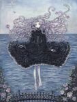  1girl absurdres acrylic_paint_(medium) barefoot black_dress commentary_request cracked_skin dress expressionless floating floating_hair flower gothic_lolita highres horizon lolita_fashion long_hair looking_at_viewer ocean original painting_(medium) pale_skin petals pink_eyes pink_hair rose sumire_shisei traditional_media very_long_hair wavy_hair 