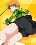  1girl ass atlus bike_shorts blush from_behind from_below geroika huge_ass looking_down megami_tensei orange_eyes orange_hair p_don pantylines persona persona_4 satonaka_chie shin_megami_tensei short_hair skirt skirt_lift track_jacket 