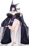  1girl absurdres animal_ear_fluff animal_ears azur_lane bare_shoulders barefoot black_hair breasts chinese_commentary cleavage collarbone colored_inner_hair commentary_request crossed_legs facial_mark full_body fur-trimmed_kimono fur_trim gem highres huge_breasts japanese_clothes jewelry kimono long_hair magatama magatama_necklace mu_zhifeng multicolored_hair musashi_(azur_lane) nail_polish necklace pouring pouring_onto_self purple_gemstone purple_hair purple_nails solo toenail_polish toenails very_long_hair whisker_markings wide_sleeves yellow_eyes 