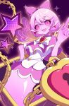  1girl absurdres blush bow chain chest_bow colored_skin duel_monster earrings fairy fairy_wings hair_between_eyes hand_on_own_hip heart heart_earrings highres jewelry kanzakietc lock mimighoul_fairy open_mouth pink_bow pink_eyes pink_hair pink_skin pointy_ears short_hair smile solo star_(symbol) white_bow wings yu-gi-oh! 