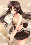  arrow bandeau black_hair blush bow bow_(weapon) breasts brown_eyes brown_hair cleavage collarbone hadanugi_dousa hair_bow kantai_collection kouno_hikaru long_hair looking_at_viewer medium_breasts navel shouhou_(kantai_collection) skirt smile solo strapless weapon 