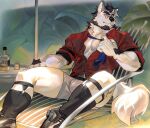 alcohol beard beverage canid canine clothing eyebrows eyewear facial_hair footwear fur glasses hair hi_res male mammal necktie pecs seatohao shirt shoes sitting solo tail topwear