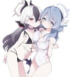  2girls ako_(blue_archive) bikini black_bikini black_choker black_hair black_horns blue_archive blue_eyes blue_hair blue_halo breasts choker demon_horns demon_wings frilled_one-piece_swimsuit frills grey_halo halo highres horns kayoko_(blue_archive) large_breasts long_hair looking_at_viewer mole mole_on_neck multi-strapped_bikini_bottom multicolored_hair multiple_girls one-piece_swimsuit red_eyes simple_background single_wing small_breasts swimsuit two-tone_hair white_background white_hair white_one-piece_swimsuit wings ymm007xx 