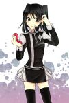  1girl belt black_eyes black_hair black_jacket black_order_uniform black_skirt black_thighhighs blush collared_jacket colorful_background compact_(cosmetics) cosmetics cross d.gray-man emblem feet_out_of_frame grey_background hair_between_eyes hand_in_own_hair holding_compact jacket kiito lenalee_lee lipgloss long_hair looking_at_viewer looking_to_the_side miniskirt paint_splatter pink_background pleated_skirt sidelocks skirt solo sparkle splatter striped_clothes striped_jacket striped_skirt thighhighs thighs twintails vertical-striped_clothes vertical-striped_jacket vertical-striped_skirt white_background zettai_ryouiki 