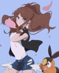  1girl black_vest blue_background blue_eyes blue_shorts brown_hair commentary_request expressionless hilda_(pokemon) long_hair looking_at_viewer pink_petals pokemon pokemon_(creature) pokemon_bw ponytail shirt shorts tepig vest white_shirt yamimiya 
