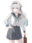  1girl absurdres black_hairband blue_pupils blush bow bowtie english_commentary firefly_(honkai:_star_rail) green_bow green_bowtie grey_hair grey_sailor_collar grey_skirt hairband hand_on_own_hip highres honkai:_star_rail honkai_(series) long_hair long_sleeves looking_at_viewer nicel plaid_clothes plaid_skirt pleated_skirt purple_eyes sailor_collar school_uniform shirt simple_background skirt smile solo white_background white_shirt 