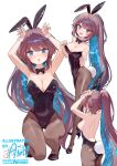  1girl ainy animal_ear_hairband animal_ears artist_name black_bow black_bowtie black_leotard black_pantyhose black_shoes blue_eyes bow bowtie breasts brown_hair colored_inner_hair detached_collar fake_animal_ears full_body hairband high_heels highres leotard medium_breasts multicolored_hair multiple_views original pantyhose patterned_hair playboy_bunny ponytail rabbit_ear_hairband rabbit_ears rabbit_pose rabbit_tail shoes sideboob strapless strapless_leotard tail white_wrist_cuffs wrist_cuffs 