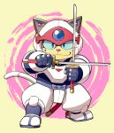  1boy animal_helmet armor blue_sclera cat_boy closed_mouth colored_sclera crossed_swords dual_wielding full_body furry furry_male highres holding holding_sword holding_weapon kinoshita_jiroh kyatto_ninden_teyandee looking_at_viewer male_focus solo sword weapon yattarou_(kyatto_ninden_teyandee) 