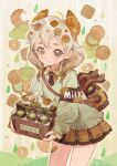  absurdres bag bread bread_slice cake cake_slice chinese_text dress food harrymiao highres horns original shoulder_bag smile watermark white_hair 