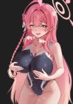  1girl absurdres ahoge black_background blue_archive blush bodypaint bow braid breasts cleavage coke0502 collarbone commentary completely_nude covering_breasts covering_privates green_eyes groin hair_bow halo hanako_(blue_archive) heavy_breathing highres huge_breasts long_hair navel nude open_mouth pink_hair pink_halo saliva simple_background smile solo stomach sweat thighs tongue white_bow 