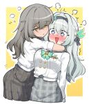  2girls black_hairband black_ribbon blush bow bowtie buttons collared_shirt double-breasted firefly_(honkai:_star_rail) firefly_(spring_missive)_(honkai:_star_rail) green_bow green_bowtie green_pupils grey_hair grey_skirt hair_between_eyes hair_intakes hair_ornament hair_ribbon hairband highres honkai:_star_rail honkai_(series) hug long_hair multicolored_eyes multiple_girls open_mouth pleated_skirt ribbon shirt sifserf skirt stelle_(honkai:_star_rail) teeth trailblazer_(honkai:_star_rail) two-tone_eyes white_shirt yellow_eyes 
