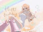 1girl :q bangle bare_shoulders birthday boots bracelet breasts brown_eyes bubble closed_mouth cloud dated foot_out_of_frame hand_on_own_cheek hand_on_own_face happy_birthday headphones heart highres jewelry leotard long_hair looking_at_viewer medium_breasts nami_(one_piece) official_alternate_costume one_piece orange_hair pink_boots rainbow shoulder_tattoo sleeveless smile solo tattoo tongue tongue_out wavy_hair white_leotard yukihirashiro12 