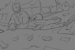 2020 anthro balls between_toes black_and_grey canid canine city city_destruction destruction erection feet footprint fur genitals group holding_micro in_mouth jeri_kleinlowe lying macro macro_male male mammal micro monochrome nude nude_male on_side oral_vore penis pinned_by_penis road rogue_(character) tail toes under_penis vore