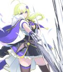 &gt;:) 1girl ahoge amano_soraha assault_lily black_dress black_gloves black_thighhighs blonde_hair blue_eyes blue_feathers blurry bow bowtie breasts cape closed_mouth cowboy_shot crop_top depth_of_field dress epaulettes falling_feathers feathers fingerless_gloves flower frilled_jacket frills fur-trimmed_cape fur_trim gloves hair_between_eyes hair_flower hair_ornament hands_up hashtag-only_commentary highres holding holding_sword holding_weapon jacket layered_dress long_hair looking_at_viewer low_ponytail medium_breasts mila_(yuta27315) official_alternate_costume open_clothes open_jacket outstretched_arm ponytail puffy_short_sleeves puffy_sleeves purple_bow purple_bowtie purple_cape purple_feathers purple_flower short_sleeves simple_background slashing smile solo standing sword thighhighs two-tone_feathers v-shaped_eyebrows waist_cape weapon white_background white_jacket zettai_ryouiki 