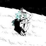  1other androgynous aqua_hair arm_up gem_uniform_(houseki_no_kuni) grass greyscale hashtag-only_commentary highres houseki_no_kuni jacket looking_at_viewer mikannotsubu monochrome necktie open_mouth other_focus phosphophyllite puffy_short_sleeves puffy_sleeves short_hair short_sleeves solo spot_color 