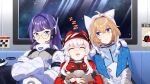  3girls ahoge blonde_hair blue_eyes clara_(honkai:_star_rail) closed_eyes closed_mouth color-les commentary crossed_arms english_commentary english_text fingernails group_picture hand_up hat highres honkai:_star_rail honkai_(series) long_hair looking_at_another lynx_landau multiple_girls open_mouth pale_skin pela_(honkai:_star_rail) purple_hair red_hat round_eyewear short_hair sleeping smile split_mouth upper_body white_hair white_hat zzz 