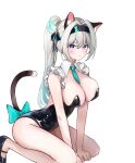  1girl :3 absurdres animal_ears between_breasts black_hairband black_leotard black_ribbon black_shoes blush bow breasts brown_tail cat_ears cat_tail collar dana_(hapong07) firefly_(honkai:_star_rail) gradient_eyes green_bow green_necktie green_pupils grey_hair hair_between_eyes hair_intakes hair_ornament hair_ribbon hairband highres honkai:_star_rail honkai_(series) kneeling large_breasts leotard long_hair multicolored_eyes necktie necktie_between_breasts ponytail ribbon shoes solo strapless strapless_leotard sweatdrop tail tail_bow tail_ornament white_collar 