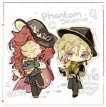  2boys 6_(reverse:1999) 6_(time_and_location)_(reverse:1999) aleph_(reverse:1999) asymmetrical_gloves black_gloves black_hat black_pants blonde_hair blue_eyes brown_coat cape character_name chibi coat covered_face english_text fedora gloves hat holding holding_notebook inset_border klepon long_hair mismatched_gloves multiple_boys notebook official_alternate_costume pants red_cape red_gloves red_hair reverse:1999 thighhighs white_background white_mask 