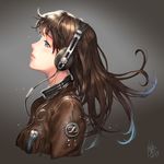  blue_eyes brown_hair cable dated headphones highres jacket leather leather_jacket lips logo long_hair nose original product_placement profile sennheiser signature solo upper_body yi_lee 