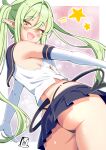  1girl absurdres ass black_panties black_tail blue_archive blue_skirt blush border breasts commentary_request cosplay cowboy_shot crop_top demon_tail elbow_gloves fang gloves green_hair highleg highleg_panties highres long_hair looking_at_viewer microskirt nozomi_(blue_archive) open_mouth panties pointy_ears shimakaze_(kancolle) shimakaze_(kancolle)_(cosplay) shirt sideboob skin_fang skirt sleeveless sleeveless_shirt solo tail tama_amata thong twintails underwear white_border white_gloves white_shirt yellow_eyes 