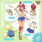 1girl absurdres bikini bikini_under_clothes blue_eyes blue_shorts copyright_name crop_top english_commentary english_text hair_ornament highres jumpluff looking_at_viewer midriff official_alternate_costume official_art open_mouth pokemon pokemon_(creature) pokemon_masters_ex red_hair sandals short_hair_with_long_locks shorts sidelocks skyla_(pokemon) skyla_(summer_2025)_(pokemon) smile swimsuit 