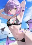  1girl :3 absurdres alternate_costume armpits arms_up bandaid bandaid_on_arm bandaid_on_cheek bandaid_on_face bandaid_on_hip barbell_piercing beach bikini black_bikini blue_sky breasts cleavage closed_mouth cloud commentary cowboy_shot cross cross_earrings day demon_girl demon_tail demon_wings ear_piercing earrings english_commentary gradient_hair green_eyes hair_ornament hairclip halterneck highleg highleg_bikini highres hip_tattoo hololive industrial_piercing jewelry kkato looking_at_viewer low_wings multi-strapped_bikini_bottom multicolored_hair navel navel_piercing o-ring o-ring_bikini outdoors parallel_hairclips piercing pink_hair pointy_ears purple_hair short_hair side-tie_bikini_bottom sky small_breasts solo stomach swept_bangs swimsuit tail tail_ornament tail_piercing tokoyami_towa virtual_youtuber winged_heart_tattoo wings 