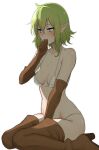  1girl bare_shoulders bikini blue_eyes blush boots breasts brown_boots brown_gloves covering_own_mouth dungeon_ni_deai_wo_motomeru_no_wa_machigatteiru_darou_ka elbow_gloves elf embarrassed gloves gobi_(jtnyrwbkohiqsuldg) green_hair highres long_bangs paid_reward_available pointy_ears ryu_lion short_hair sidelocks sitting small_breasts solo swimsuit thigh_boots wariza wavy_hair white_bikini 