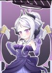 blue_archive blush breasts demon_girl demon_horns demon_wings dress gloves highres hina_(blue_archive) horns long_hair purple_background purple_dress purple_eyes purple_gloves reiremi simple_background small_breasts white_hair wings 