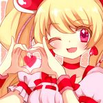  ;d blonde_hair blush choker cure_peach fresh_precure! heart heart_hands long_hair magical_girl momozono_love one_eye_closed open_mouth pink_eyes precure red_choker smile solo twintails upper_body yuucho_(cololal) 