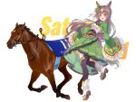  1girl animal_ears brown_eyes brown_hair dress frilled_sleeves frills full_body green_dress horse horse_ears horse_girl horse_tail looking_at_viewer open_mouth satono_diamond_(umamusume) tail umamusume white_background wide_sleeves xiaoxia_(user_dfve8358) 
