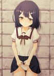 1girl black_hair black_skirt blush brick_wall center-flap_bangs closed_mouth clothes_lift collarbone collared_shirt commentary_request cowboy_shot crotch_seam double-parted_bangs embarrassed fate/kaleid_liner_prisma_illya fate_(series) hair_ornament hairclip highres homurabara_academy_elementary_school_uniform jitome lifting_own_clothes light_frown looking_at_viewer medium_hair miniskirt miyu_edelfelt neck_ribbon orange_eyes panties picot_trim_panties pleated_skirt puffy_short_sleeves puffy_sleeves red_ribbon ribbon school_uniform shadow shirt short_sleeves sirokohi skirt skirt_lift solo standing straight-on straight_hair underwear variant_set white_panties white_shirt 