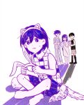  1girl 3boys absurdres animal_ear_hairband animal_ears antenna_hair aubrey_(headspace)_(omori) aubrey_(omori) bailan1130 barefoot black_eyes black_hair black_socks black_tank_top bow closed_mouth colored_skin fake_animal_ears fake_tail gift hair_bow hairband hero_(headspace)_(omori) hero_(omori) highres holding holding_gift kel_(headspace)_(omori) kel_(omori) kneehighs limited_palette long_hair long_shirt long_sleeves looking_at_another multiple_boys omori omori_(omori) open_mouth pajamas parted_lips pom_pom_(cheerleading) purple_eyes purple_hair purple_shorts shirt short_hair shorts simple_background socks standing striped_clothes striped_shorts sweatdrop t-shirt tail tank_top unworn_hairband vertical-striped_clothes vertical-striped_shorts white_background white_shorts white_skin 