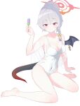  1girl :d absurdres bare_legs bare_shoulders barefoot blue_archive blush bow braid breasts casual_one-piece_swimsuit chinese_commentary cleavage collarbone commentary_request covered_navel dango demon_girl demon_tail demon_wings food full_body grey_hair grin hair_between_eyes hair_bow hair_bun halo hand_up happy haruna_(blue_archive) haruna_(swimsuit)_(blue_archive) highleg highleg_one-piece_swimsuit highres holding holding_food lcz looking_at_viewer medium_breasts medium_hair official_alternate_costume official_alternate_hairstyle one-piece_swimsuit piercing red_eyes red_halo sanshoku_dango see-through_clothes see-through_shawl shadow shawl simple_background single_braid single_hair_bun single_wing sitting smile solo swimsuit tail thighs toes tsurime wagashi wariza white_background white_one-piece_swimsuit white_shawl wing_piercing wings yellow_bow 