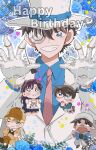  1girl 4boys beeemaru02 blue_eyes blue_flower blue_rose blue_shirt blush brown_hair capelet commentary_request edogawa_conan fang flower glasses gloves hakuba_saguru hat hattori_heiji heart highres kaitou_kid kuroba_kaito long_hair magic_kaito meitantei_conan monocle multiple_boys nakamori_aoko necktie one_eye_closed rose shirt short_hair smile string thick_eyebrows white_gloves 